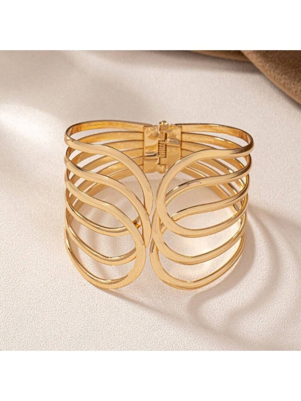 Modern Abstract Gold Wire Cage Cuff Bracelet